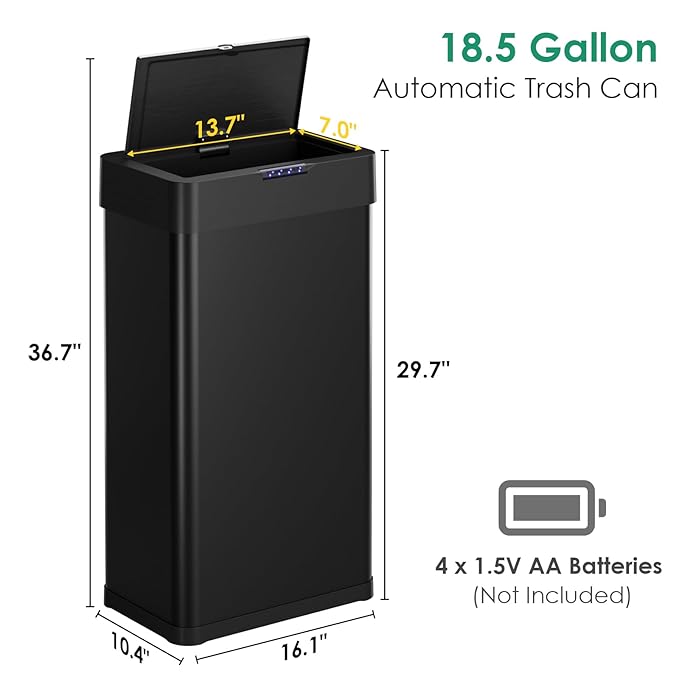 Arlopu Automatic Trash Can, Sensor Motion Stainless Steel Garbage Bin, - Image 3