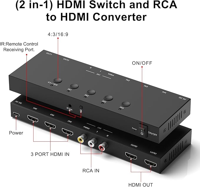 RuiPuo 4In to 2Out HDMI/AV Switch RCA to 2Port HDMI Converter - Image 2