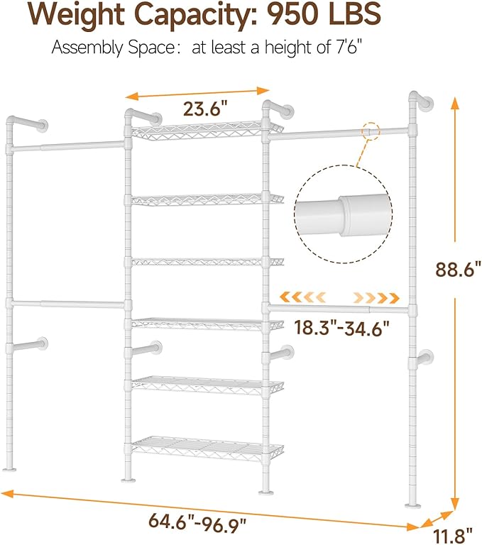 ONBRILL H3 Wall Mounted Closet System, Expandable Industrial Pipe Clothes Rack - Image 2