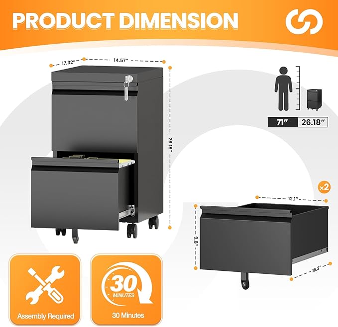 2 Drawer File Cabinet with Lock, Rolling File Cabinets - Image 3