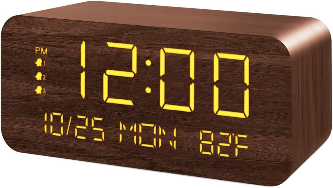 Digital Alarm Clock, with Wooden Electronic LED Time Display, 3 Alarm Settings - Image 2