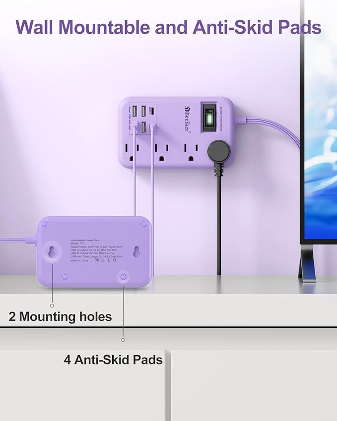 Beeiker 6 USB Purple Surge Protector Power Strip- 10 Ft Purple Extension Cord - Image 5
