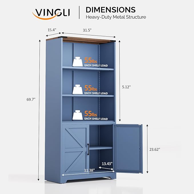 VINGLI Blue Bookcase with Doors and Adjustable Shelves, Steel 70" Tall - Image 3
