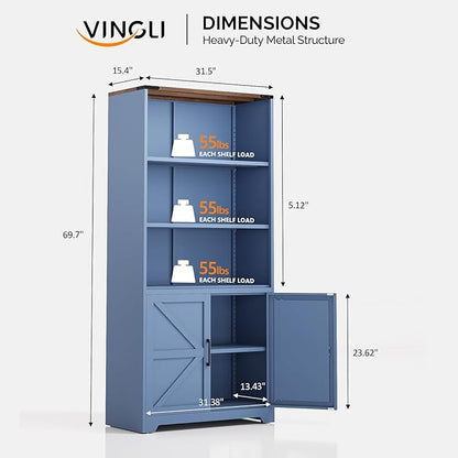 VINGLI Blue Bookcase with Doors and Adjustable Shelves, Steel 70" Tall - Image 3