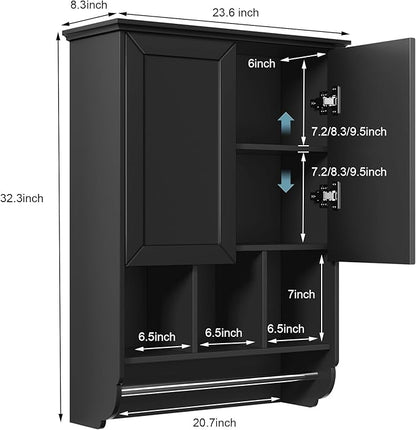 Bathroom Wall Cabinet with Towel Bar, Wooden Medicine Cabinet Adjustable Shelves - Image 2