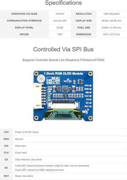 waveshare 1.5inch RGB OLED Display Module 128x128 Pixels 16-bit High Color - Image 3