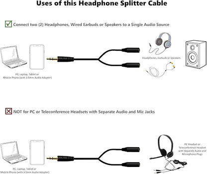 2-pack 3.5mm Audio Headphone Splitter – Dual Listening and Speaker Jack Y - Image 3