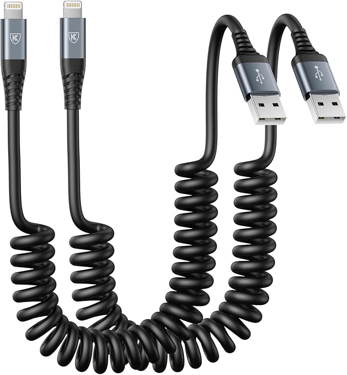 iPhone Charger Cable 6FT for Car, Coiled Lightning Cable 2 Pack 6 Feet by KIYODA