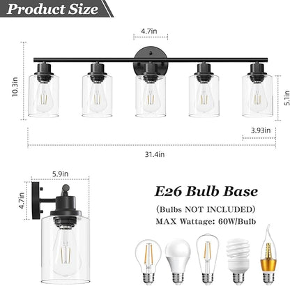 Guliaofo 5-Light Black Bathroom Vanity Lights, E26 Modern Bathroom Light - Image 2
