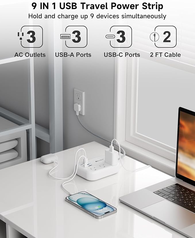 Beeiker Short Extension Cord 2 Foot- 6 USB Travel Power Strip - Image 3