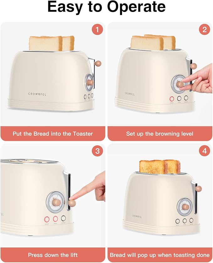 CROWNFUL 2-Slice Toaster, Extra Wide Slots Toaster, Retro Stainless Steel - Image 5