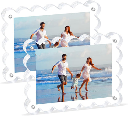 Scalloped Magnetic Picture Frame 4x6 Inch-2Pack Photo Frames | Clear frame,20mm Thick Double-Sided Magnet Design, Horizontal/Vertical Stand,Trendy Desktop Display for Home/Office Decor
