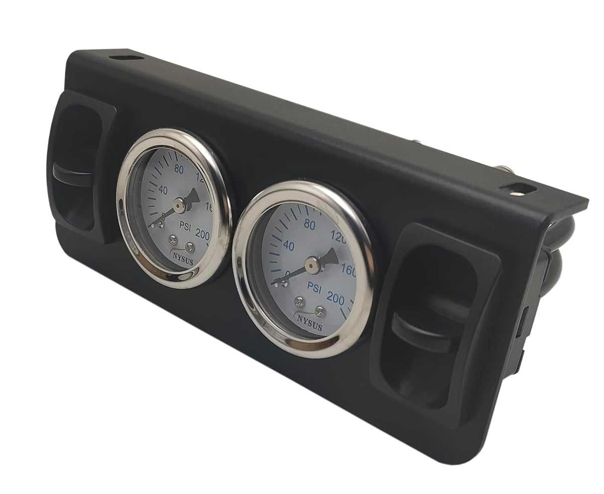 nysus dual air gauge controller panel paddle valve, close-up detail