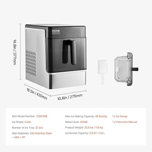 VEVOR Countertop Ice Maker, 32 Cubes Ready in 15 Mins, 46lbs in 24Hrs, - Image 7