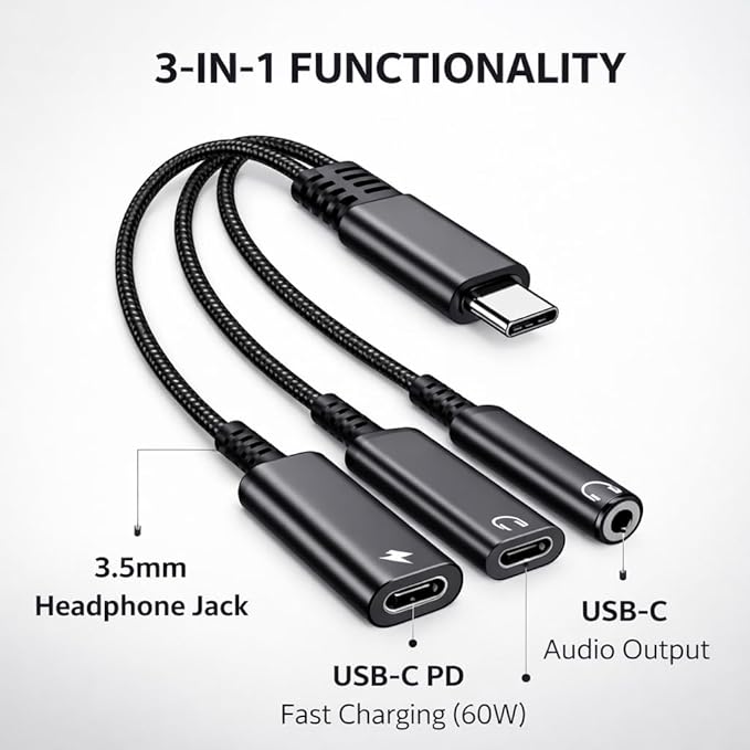 Mizi USB-C Headphone and Charging Adapter 3-in-1 – Type-C to 3.5mm Audio Jack + - Image 2