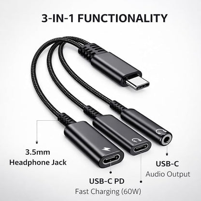 Mizi USB-C Headphone and Charging Adapter 3-in-1 – Type-C to 3.5mm Audio Jack + - Image 2