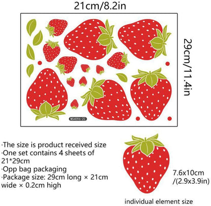 Strawberry Stickers - 48 PCS, 4 Sheets, Fruits Kitchen Decor, Wall Decor for Bedroom, Bathroom, Classroom, Nursery Room