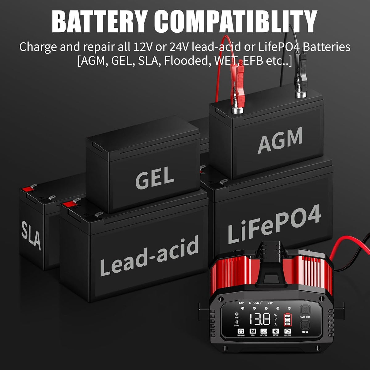 E-FAST 25A Smart Car Battery Charger, 12V/24V Automatic Automotive Battery Ma...