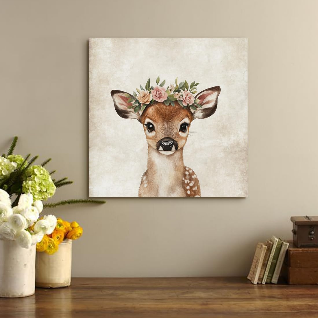 ORIDOMY Cute Deer Wall Art for Baby Nursery Wildlife Deer Wearing Wreath Wall Pictures Vintage Animal Portrait Photo Painting for Farmhouse Bedroom Bathroom Home Office Decor Kids Gifts 12"x12"