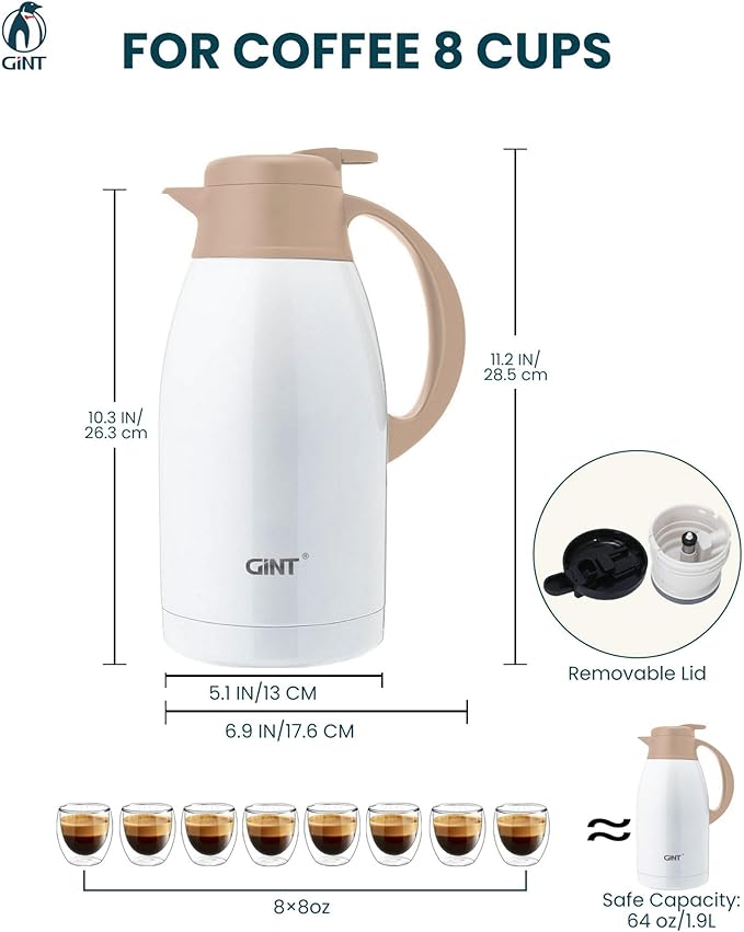 GiNT Stainless Steel Thermal Coffee Carafe, Double Walled Vacuum Thermal Carafe - Image 4