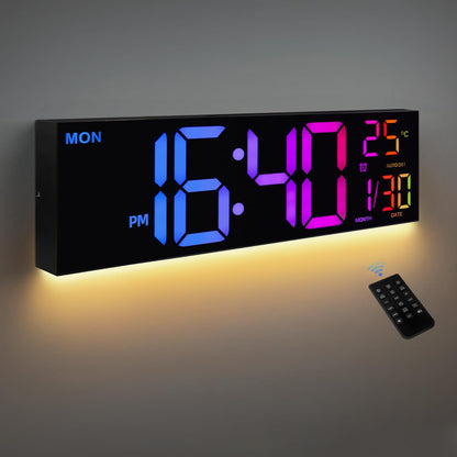 HAITANG 8 Colors Digital Wall Clock, 16.2" Large Digital Clock with Temperature, Date, Auto DST, Night Light, Auto Brightness Dimmer, 24/12-hour Wall Clock for Living Room Office Classroom Gym