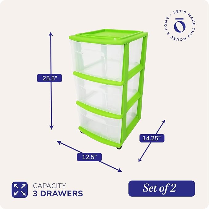 HOMZ 2-Pack Drawer Tower, 3-Tier Clear Plastic Storage Organizer Cart, Bold - Image 2