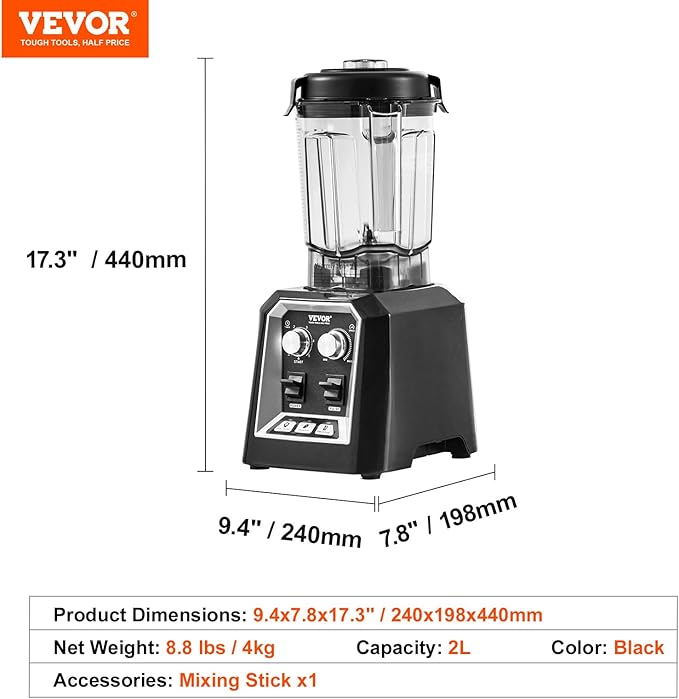 VEVOR Professional Blender, Commercial Countertop Blenders, 68 oz Jar Blender - Image 7