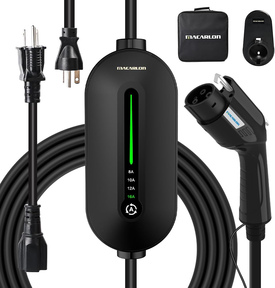 8-16A Adjustable Level 1&2 EV Charger, 110V-240V, IP66 Waterproof, Black