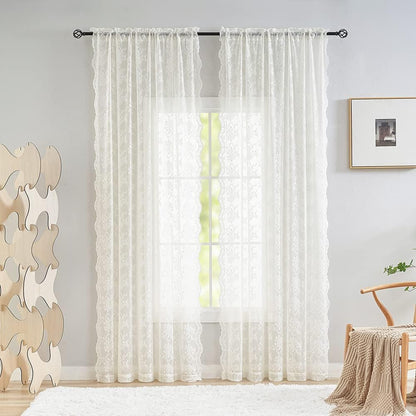 YJ YANJUN Vintage Lace Curtains 90 Inches Long for Dining Room Pair French Country Floral Sheer Curtains for Bedroom Playroom Ivory Cream Colored Boho Farmhouse Decoration 52 x 90 Off White