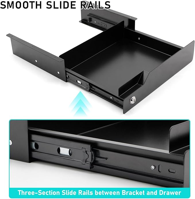 Under Desk Drawer Storage with Lock, Metal Undermount Table Drawer, Ball - Image 4
