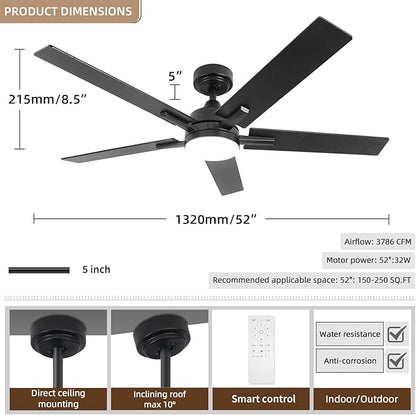 SODSEA Ceiling Fans with Lights, 52 Inch Black Ceiling Fan with Light and - Image 2