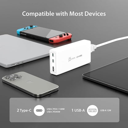 j5create 185W GaN USB-C/A 3-Port Laptop Super Charger w/Power Delivery 3.1 - Image 6