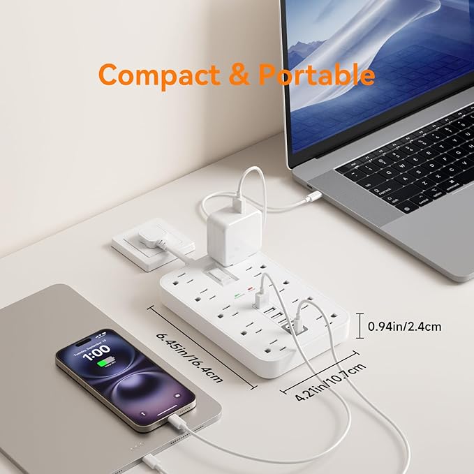 Short Extension Cord with USB and USBC Ports, Flat Outlet Extender with 10 AC - Image 7