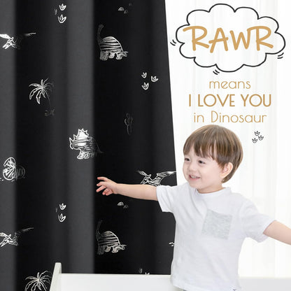 Kids Blackout Curtains for Bedroom 63 Inches Black 2 Panels | Blackout, Grommet, Silver Dino Foil Thermal Insulated Drapes for Boys Girls ‌Newborn‌ ‌Toddler‌ ‌Preschooler Nursery