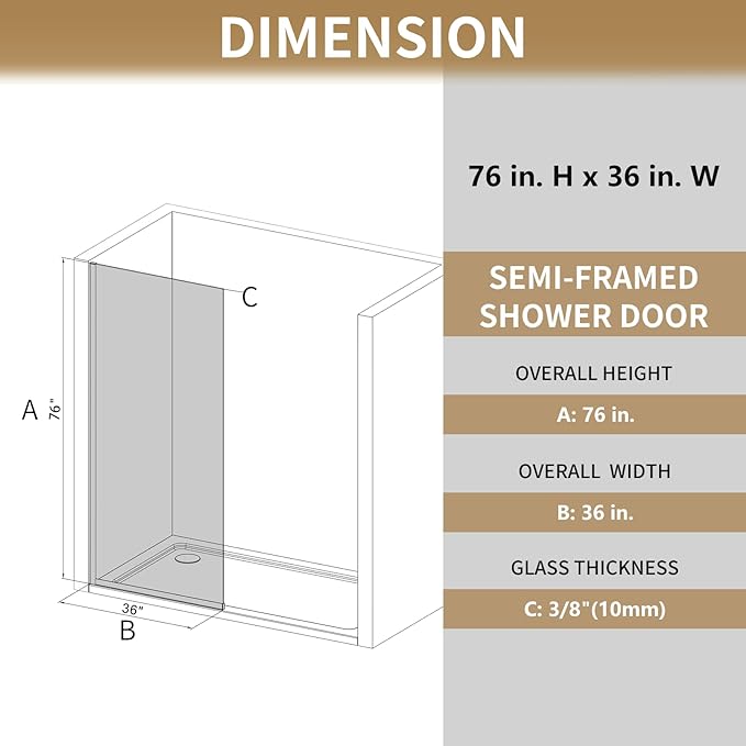 Shower Glass Wall Panel 36" W x 76" H, 3/8" Tempered Glass, Half Frameless - Image 2