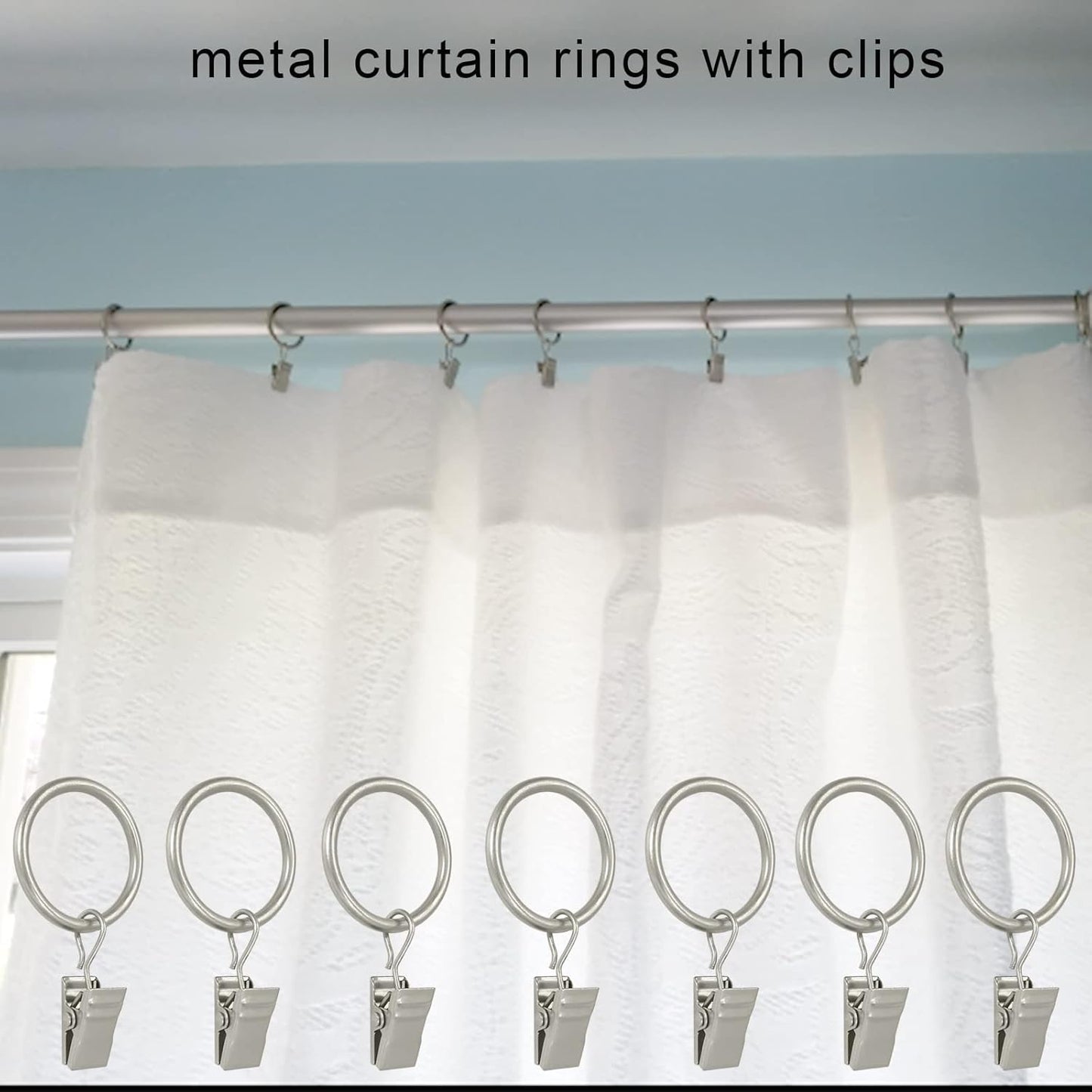 WeeksEight 44 Pack Matte Silver Curtain Rings with Clips, Curtain Hooks Hangers Clip Rings for Hanging Drapes Bows Hat, Drapery Rings 1 in I D, Fits up to 5/8 in Diameter Curtain Rod.