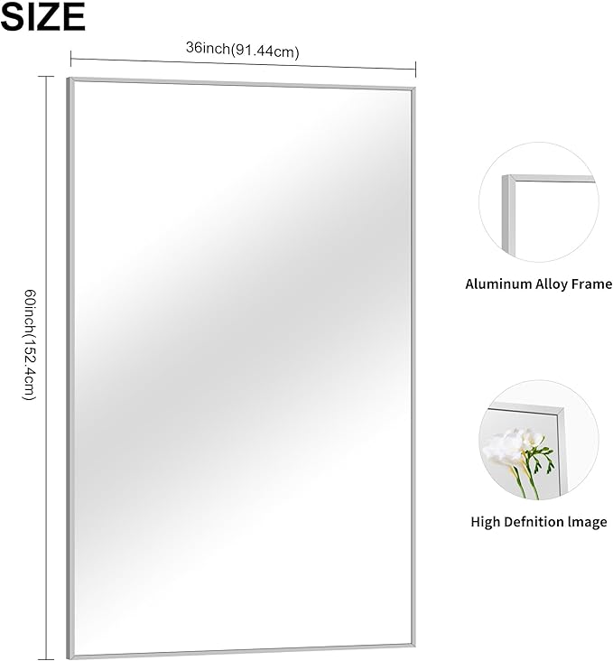 36x60inch Brushed Nickel Bathroom Mirror, Large Rectangular Wall Mirrors - Image 7