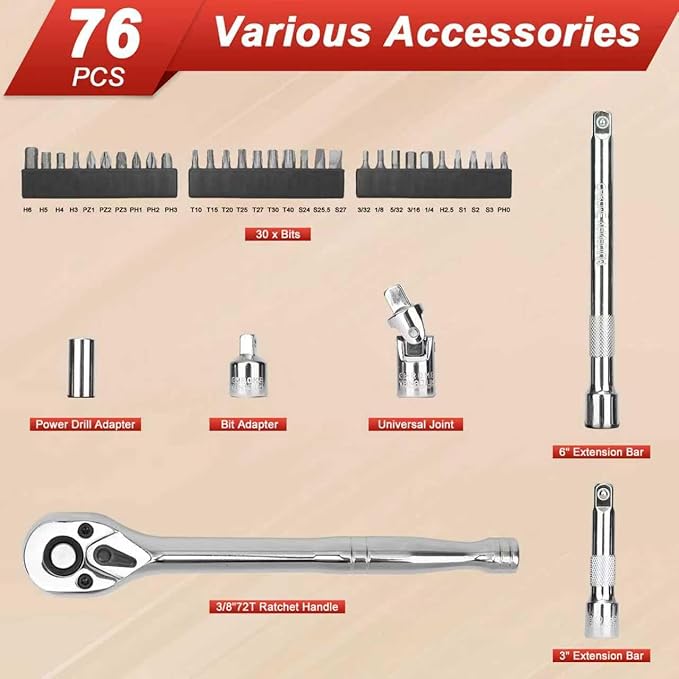 3/8” Drive Socket Set, 76 Pieces Ratchet Wrenches Set, Standard and Deep - Image 4