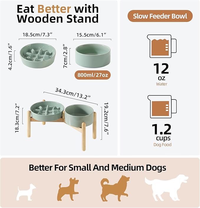 Ceramic 1.2 Cup Raised Slow Feeder Dog Bowl Set, Elevated 6.1inch Bowl and - Image 2