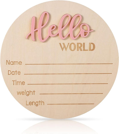 Baby Announcement Sign, Wooden Hello World Newborn Signs Birth Name Sign | 5.9in Welcome Name Plaques for Newborn Boys and Girls Photo Props Baby Shower Hospital Nursery (Light Pink)