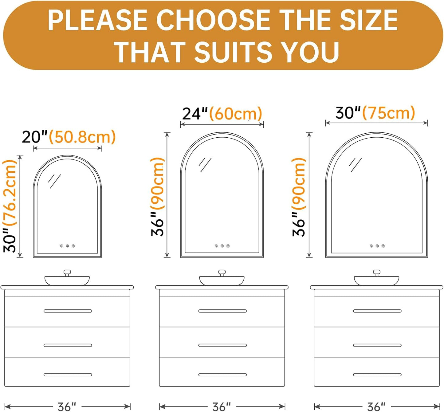 24"x36" Arched LED Lighted Bathroom Mirror with Lights | Fogless, Dimmable, 3 Color Changing, Shatterproof, Touch Sensor