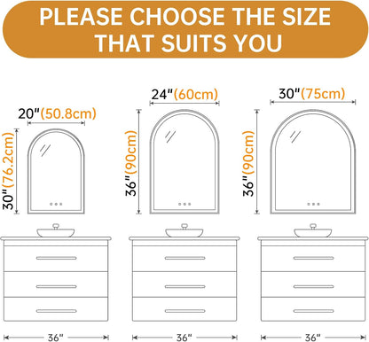 24"x36" Arched LED Lighted Bathroom Mirror with Lights | Fogless, Dimmable, 3 Color Changing, Shatterproof, Touch Sensor