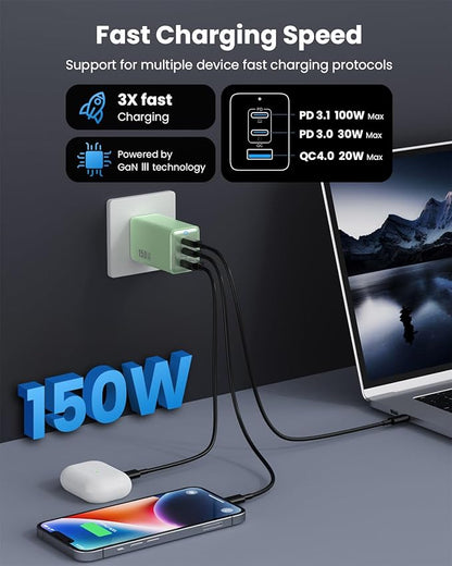 150W USB C Charger Block, GaN III Compact Foldable Wall Charger 3 Port Fast - Image 5