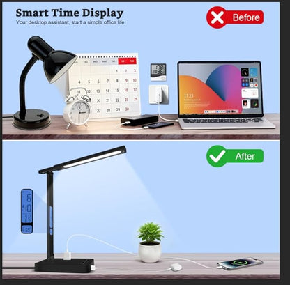 snsok Smart Desk Lamp with Dual USB Charging & 2 AC Outlets, Digital Clock - Image 6