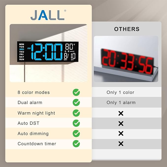 JALL 16" Large Digital Wall Mount Clock, Count Down Timer, Big LED, RGB Color - Image 8