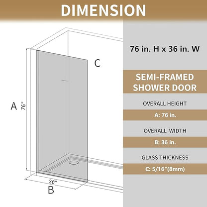 36"x76" Fixed Glass Shower Door, Square Pattern Textured Privacy 5/16" Thick - Image 4