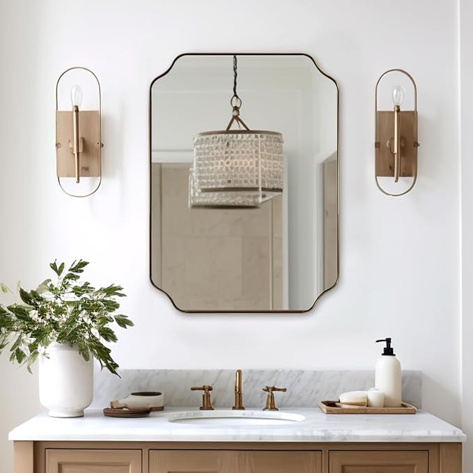 ANDY STAR Brushed Gold Mirror, Rounded Rectangle Bathroom Mirror by ANDYSTAR