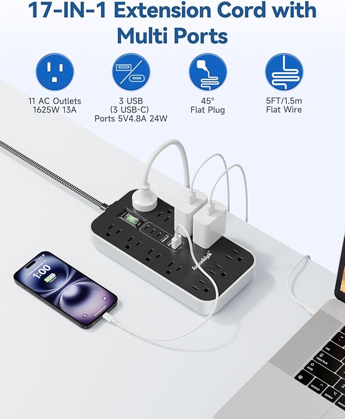 20 FT Extension Cord with USB Ports- Power Strip with USB, 1625W Multi Outlet - Image 3