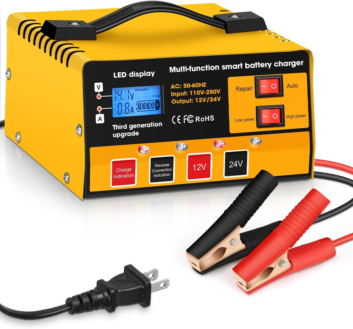 Car Battery Charger,12V-12A/24V-8.5AMH Smart Automatic Battery Charger,High/L...