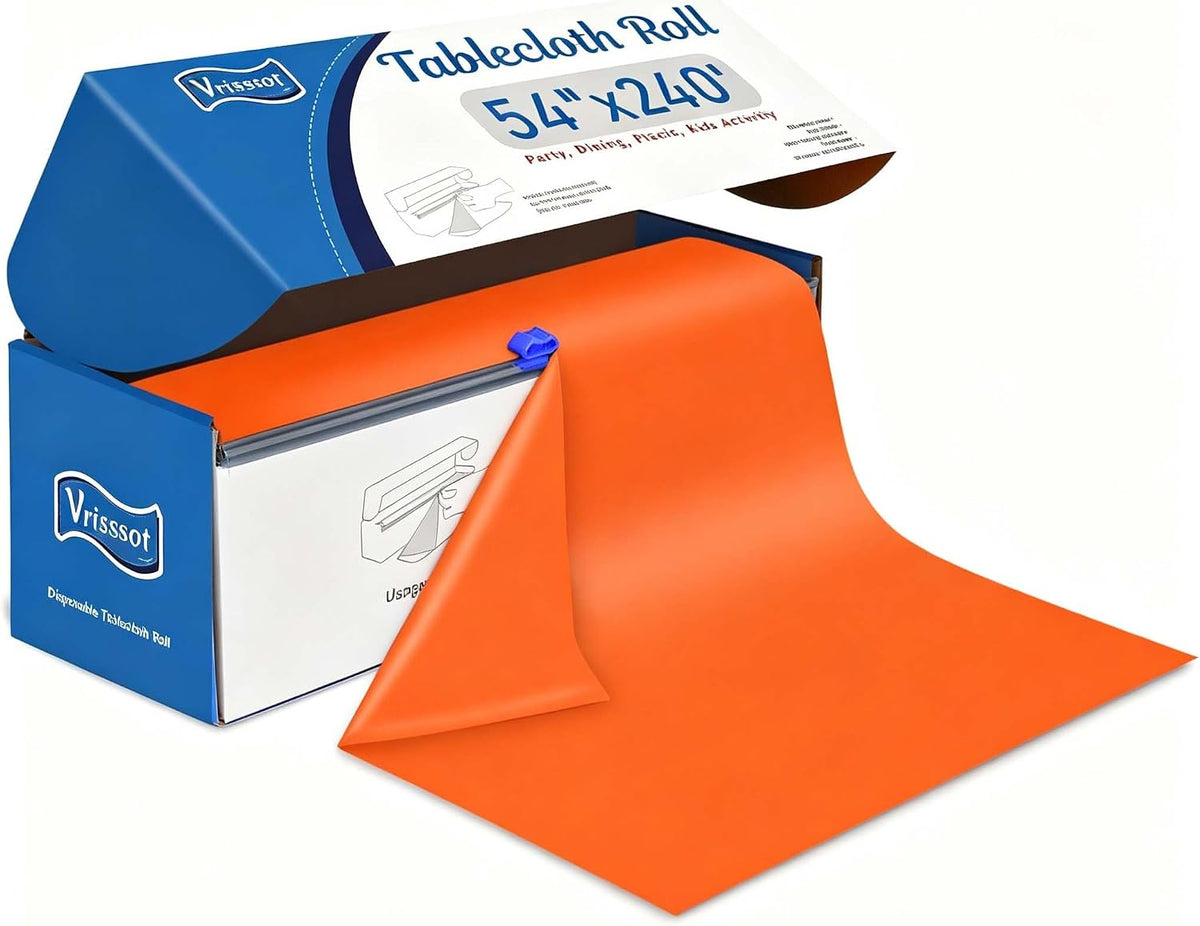 Disposable Orange Plastic Table Cover Roll 54in X 240ft - Heavy Duty Waterpro...